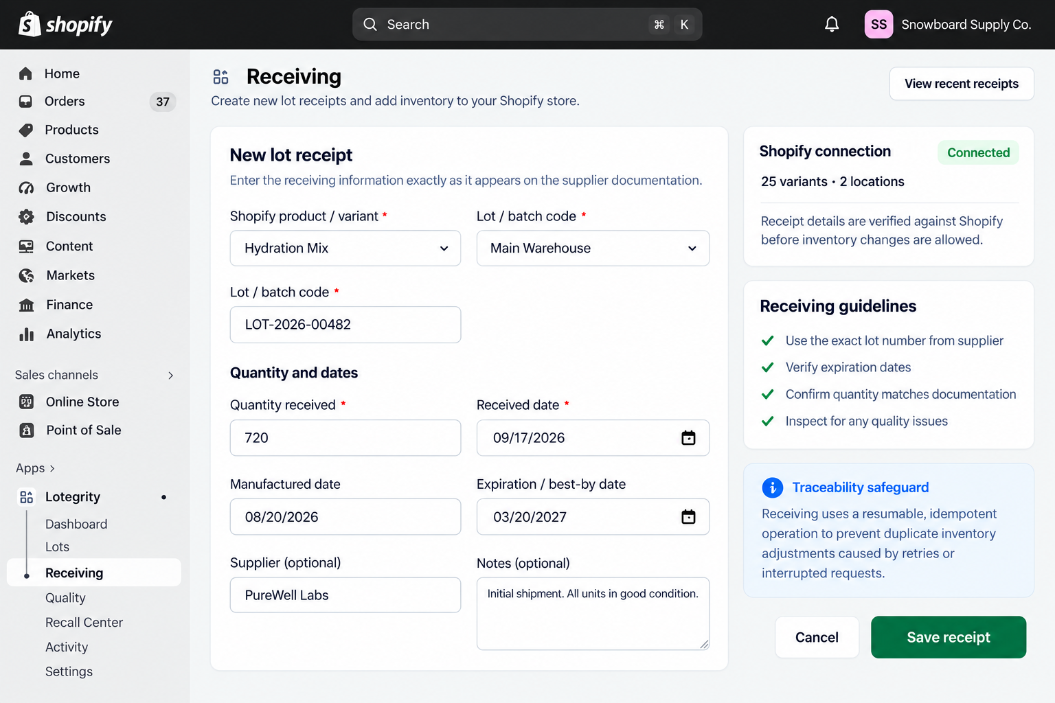 Lotegrity receiving workflow